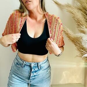 ANTHROPOLOGIE CHARLIE ROBIN Pink Orange Leahi Beaded Bead Knit Shrug Sweater M L